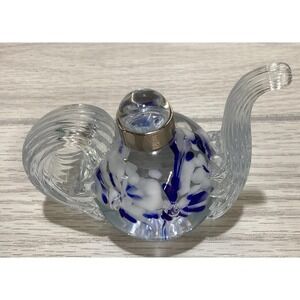 GIBSON Art Deco Glass Paperweight 3.25x2.5" Blue & White Flowers Teapot Shape‎